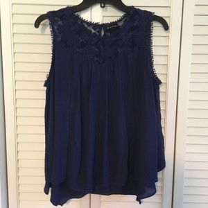 NOT FOR SALE****Navy blue sleeveless top with gauzy, lace overlay
